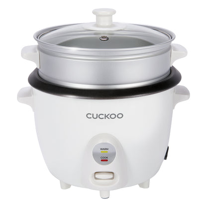 A Cuckoo rice cooker with a white body, a silver steam tray, a black non-stick inner pot rim, and a clear glass lid with a white handle, shown on a solid white background (CR-0601C).