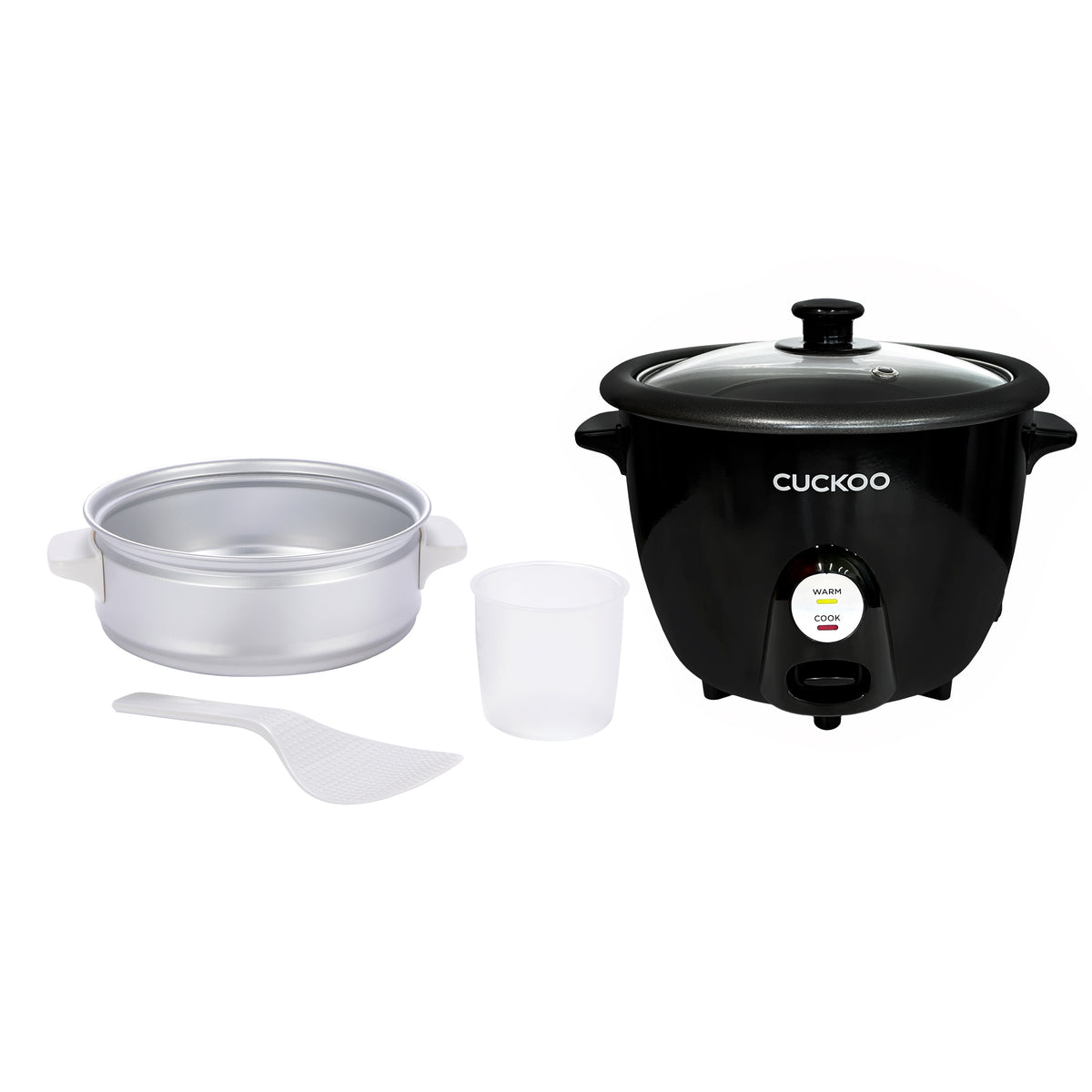 Black Cuckoo rice cooker shown with its accessories on a white background, including steam tray, a white plastic measuring cup, and a white spatula (CR-0601CB).