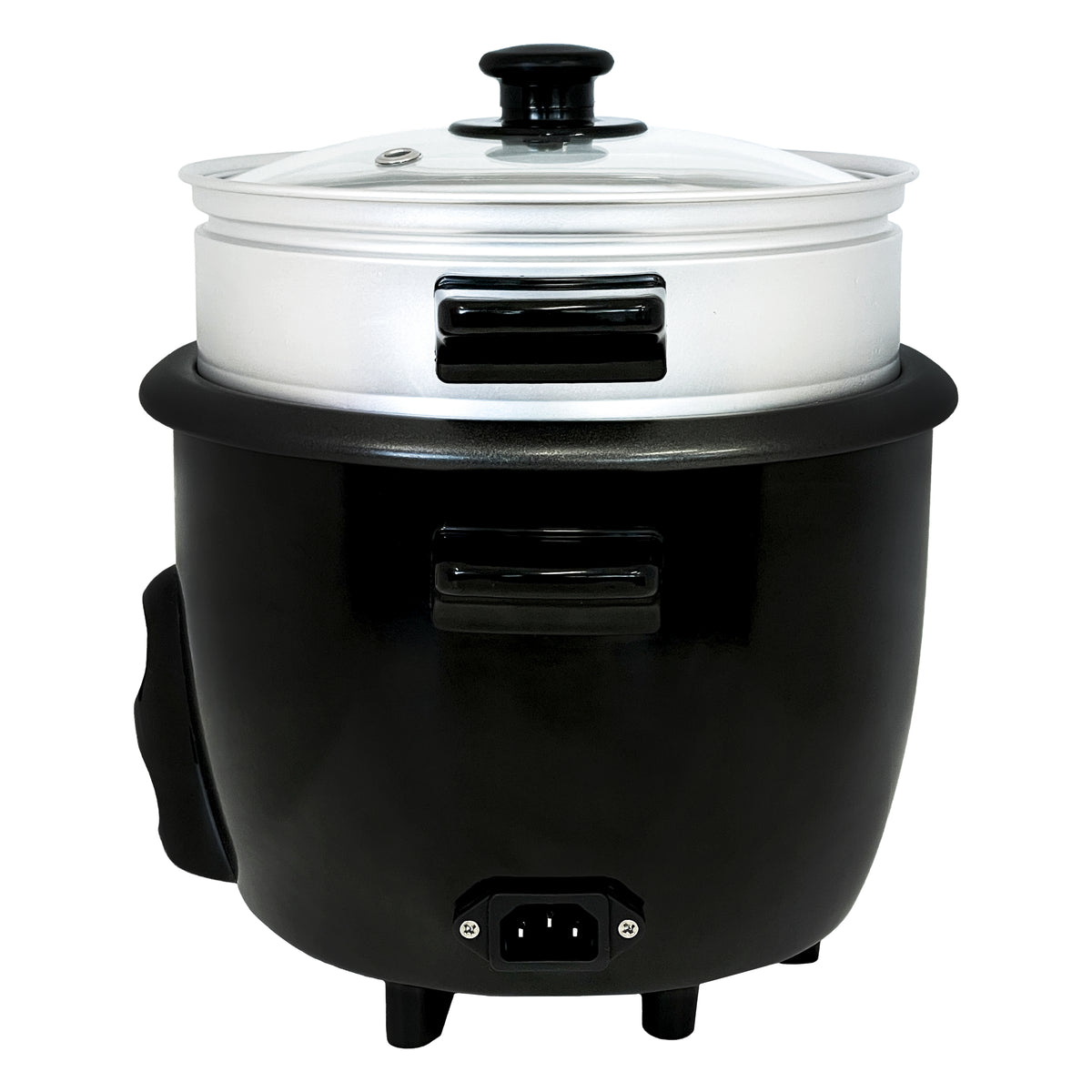 A shot of the left side of the rice cooker CR-0601 Black ; the power cord socket is located at the bottom.