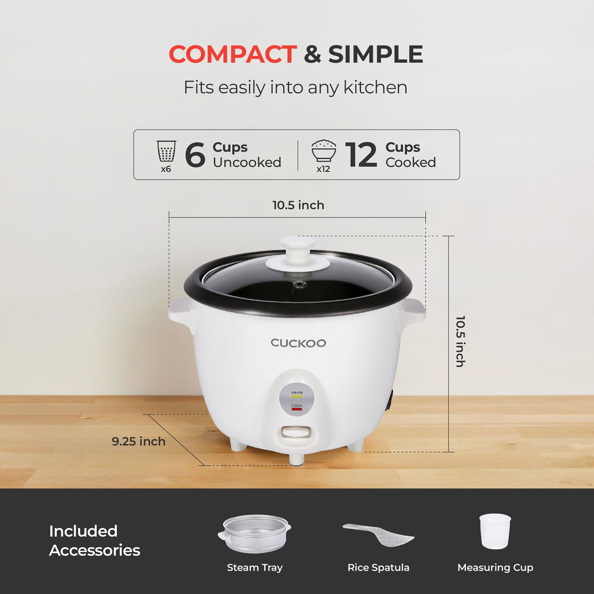 Cuckoo rice cooker with a 6-cup uncooked / 12-cup cooked capacity, with dimensions shown (10.5" × 10.5" × 9.25"). Includes icons for the steam tray, rice spatula, and measuring cup. (CR-0601C)