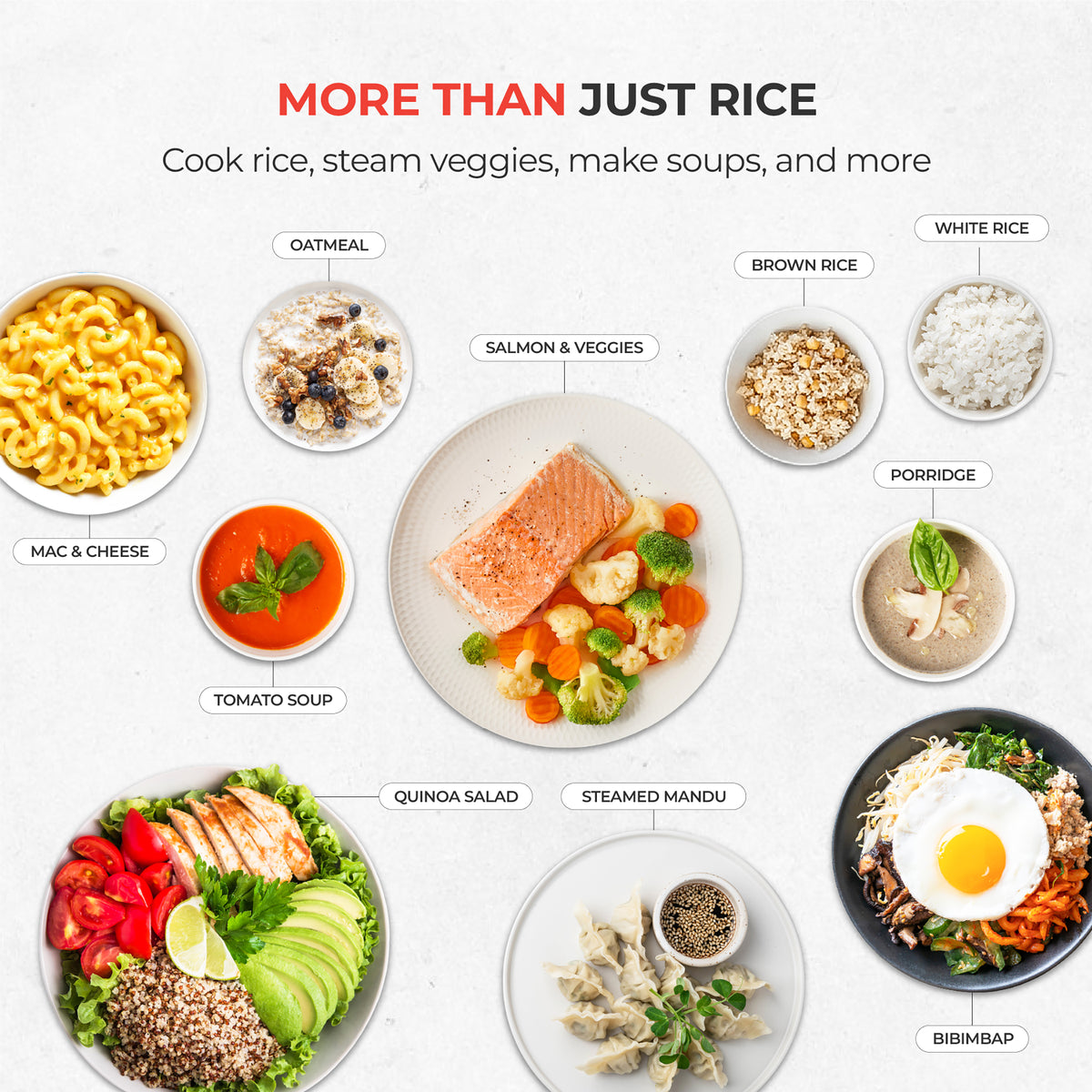 More than just rice. Capable of cooking Mac&Cheese, oatmeal, steamed veggies,  dumplings, and more. 
