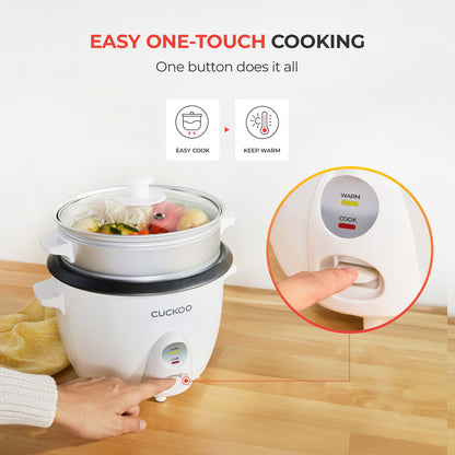Cuckoo rice cooker highlighting One-Touch Cooking for Easy Cook and Keep Warm functions, featuring an included steam tray. (CR-0601C)
