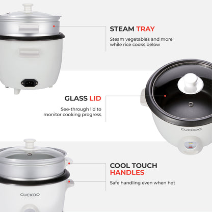 Cuckoo rice cooker features: steam tray for simultaneous cooking, clear glass lid, and safe cool-touch handles for easy use. (CR-0601C)