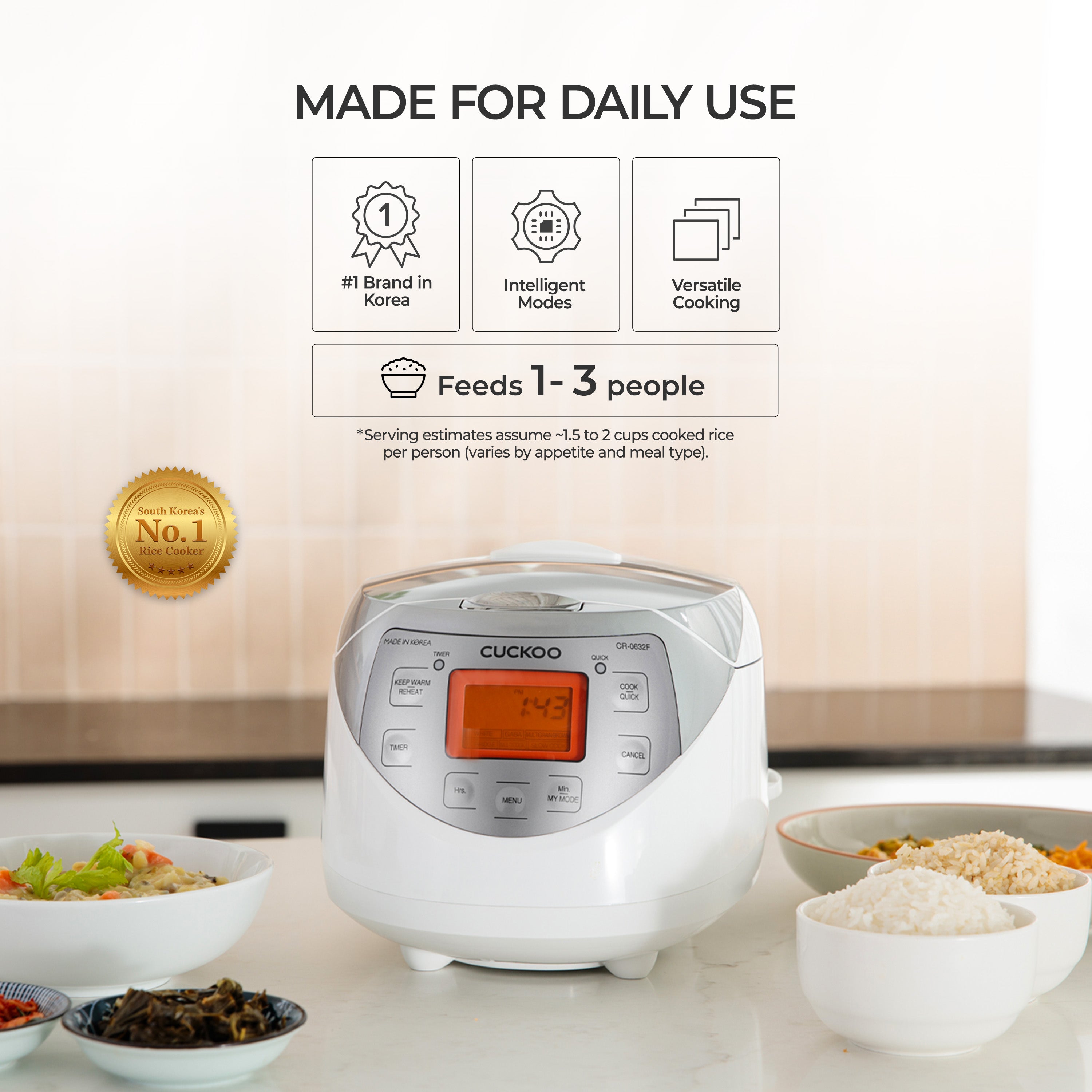 A Cuckoo rice cooker is shown on a kitchen counter with bowls of rice and vegetables, under the text 'MADE FOR DAILY USE' and feature icons. The product is white with a silver front panel and an orange digital display.