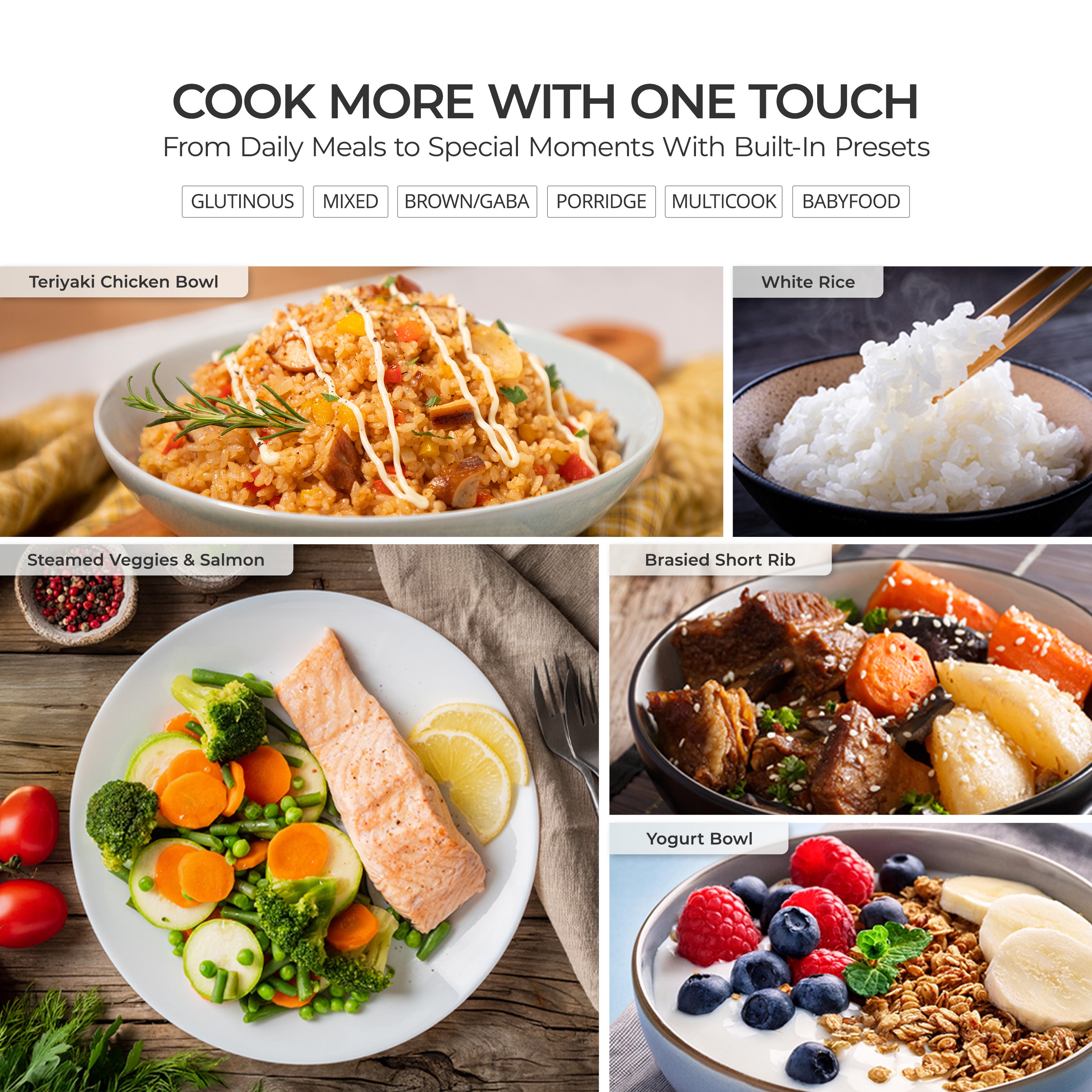  'COOK MORE WITH ONE TOUCH' . The image shows five food photos arranged in a grid: Teriyaki Chicken Bowl, White Rice, Steamed Veggies & Salmon, Brasied Short Rib, and Yogurt Bowl.