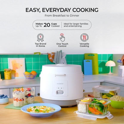 White rice cooker  on a kitchen counter with food containers and a bowl of salad, set against a green tiled wall. The bold headline EASY, EVERY DAY COOKING. Make UP to 20 Cups Cooked. Top Brand in Korea, One Touch Control, Versatile Cooking.