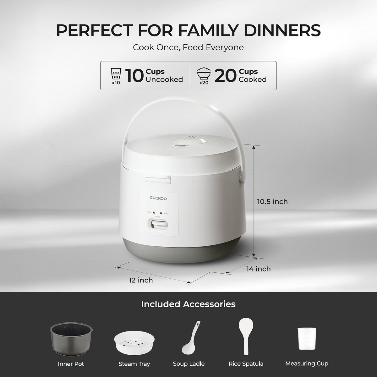 A white and  rice cooker with dimensions labeled (12 inch, 14 inch, 10.5 inch) and text stating 'PERFECT FOR FAMILY DINNERS' and 'Cook Once, Feed Everyone.