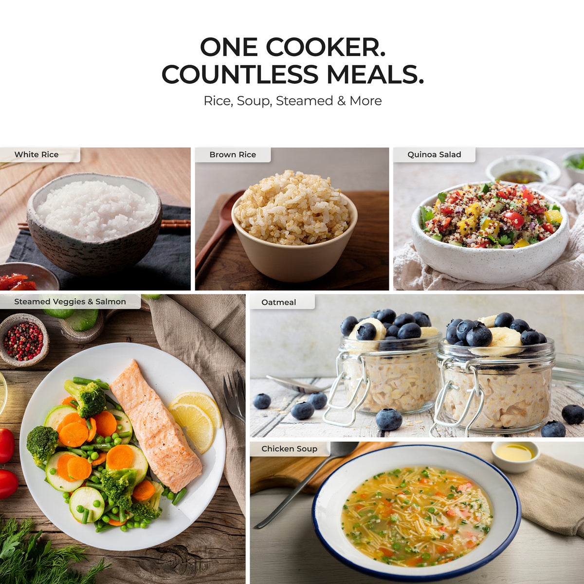 A promotional collage for a rice cooker showing the text 'ONE COOKER. COUNTLESS MEALS.