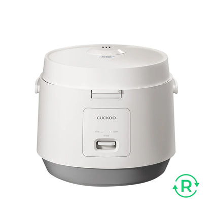 White Cuckoo rice cooker with a grey base and front control panel featuring Cook and Warm indicator lights. (CR-1095)