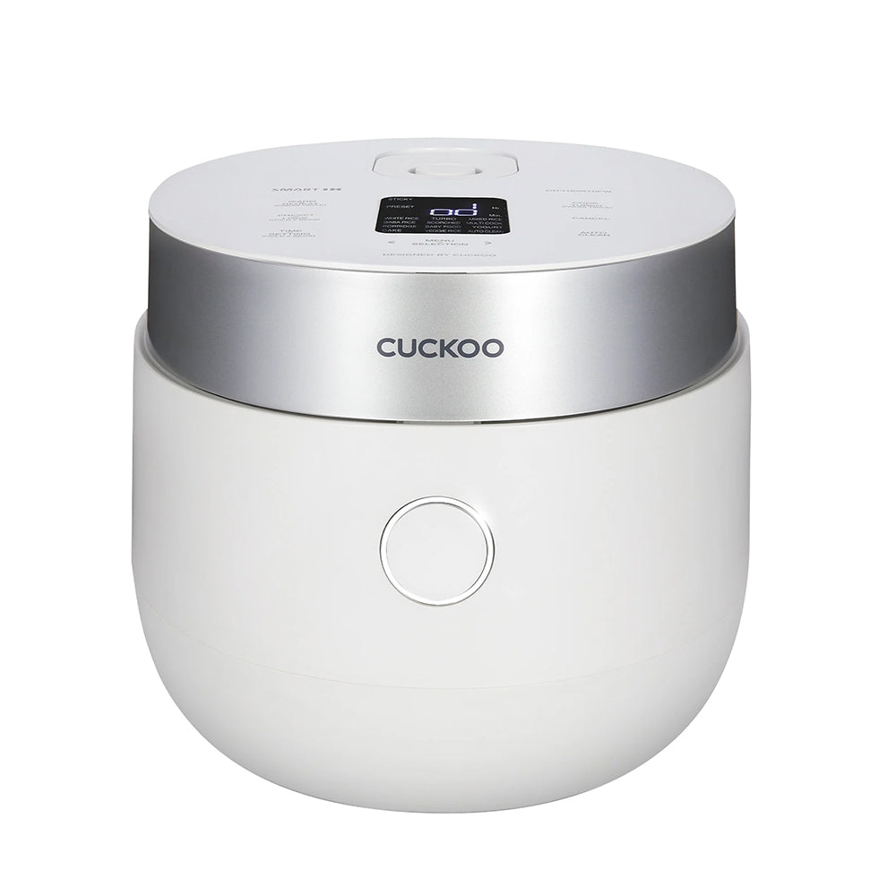 Cuckoo white minimalist rice cooker with a metallic silver top, digital display,