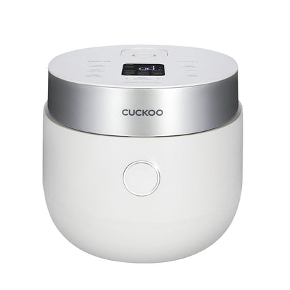 Cuckoo white minimalist rice cooker with a metallic silver top, digital display,