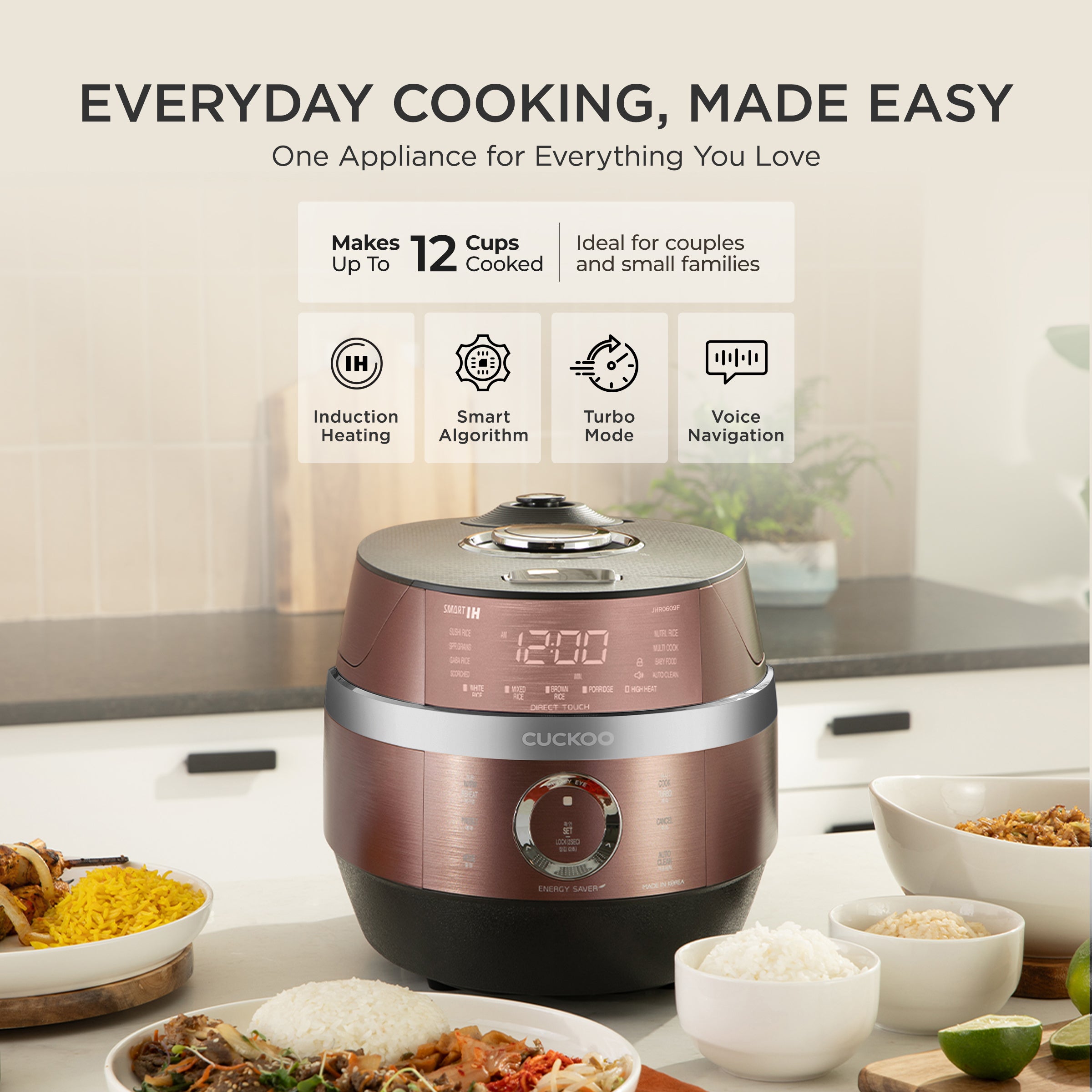 The headline "EVERYDAY COOKING, MADE EASY: One Appliance for Everything You Love." The image highlights that it makes up to 12 cups cooked, making it ideal for couples and small families. Four key features are listed: Induction Heating, Smart Algorithm, Turbo Mode, and Voice Navigation. (CRP-JHR0609F)