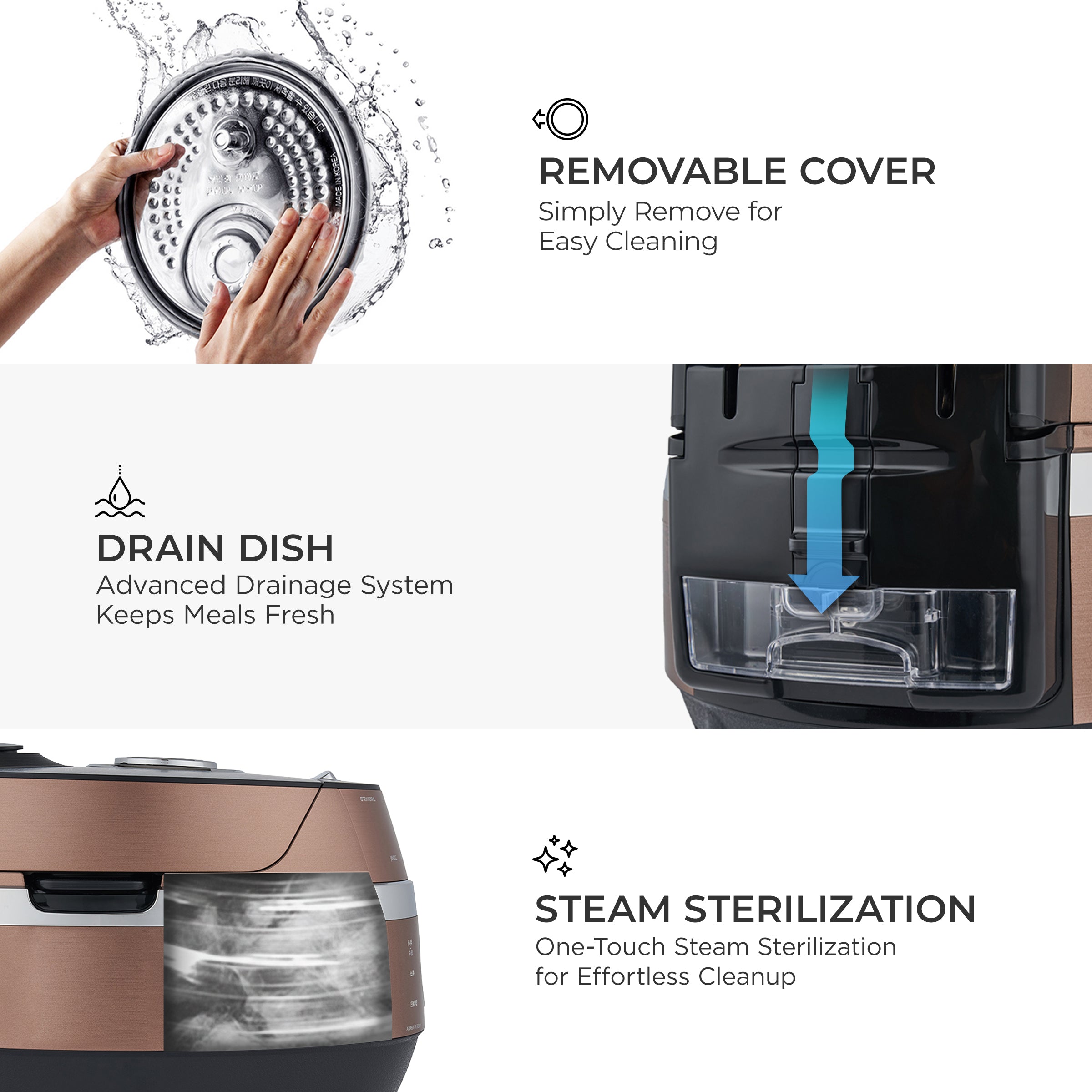 Product with features highlighted: removable cover, drain dish, and steam sterilization.