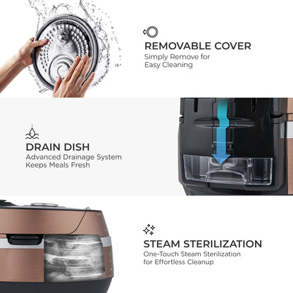 Product with features highlighted: removable cover, drain dish, and steam sterilization.
