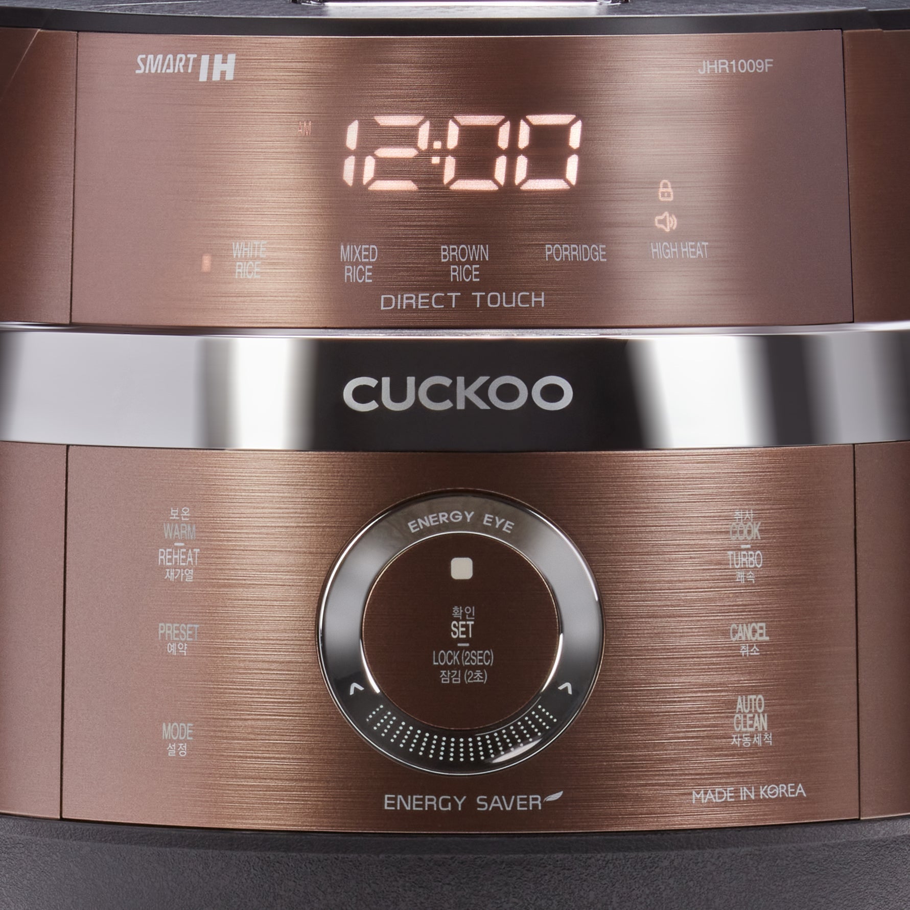 Cuckoo rice cooker CRP-JHR1009F with digital display and control panel on a dark background