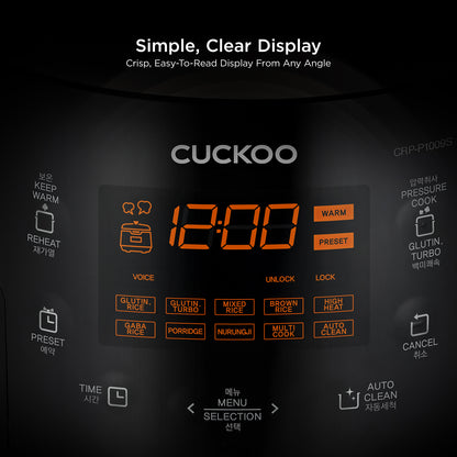 Close-up of a CUCKOO rice cooker control panel with digital display, labeled function buttons, and menu selection interface. (CRP-P1009S)