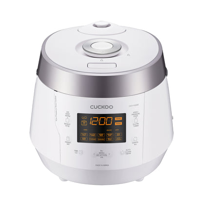 White CUCKOO rice cooker with a digital display and touch control panel, presented in a clean, modern design. (CRP-P1009S)