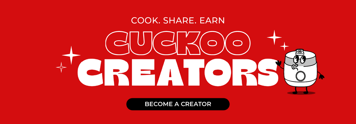 A red promotional graphic with large white text reading 'CUCKOO CREATORS,' smaller text 'COOK. SHARE.