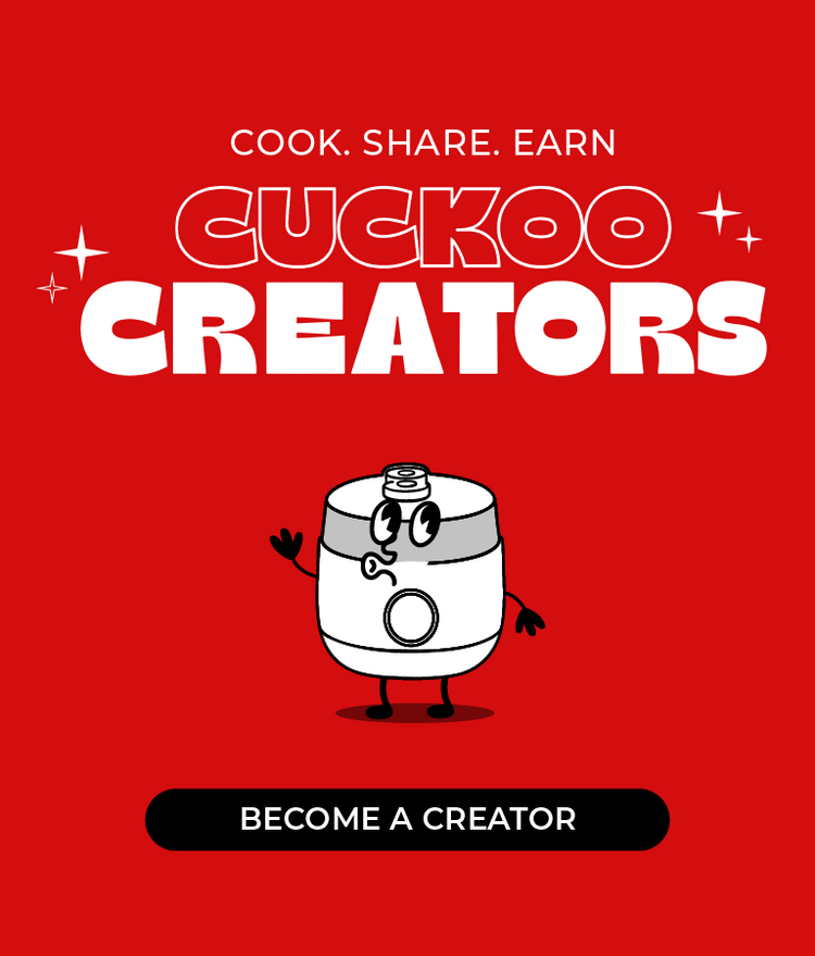 Promotional graphic with a bright red background, large white text reading 'COOK. SHARE.