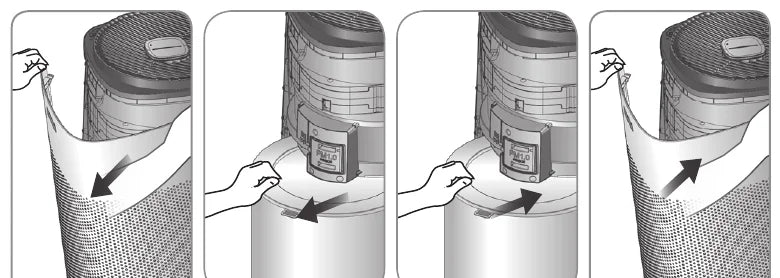How to replace the air purifying filter — open the filter cover, pull out the old filter, insert the new filter, and close the filter cover